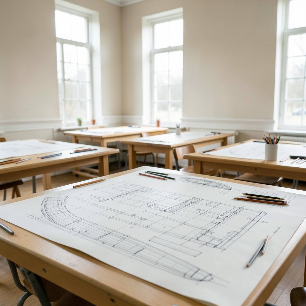 Naval architecture teaching studio with hull drawings spread across drafting tables