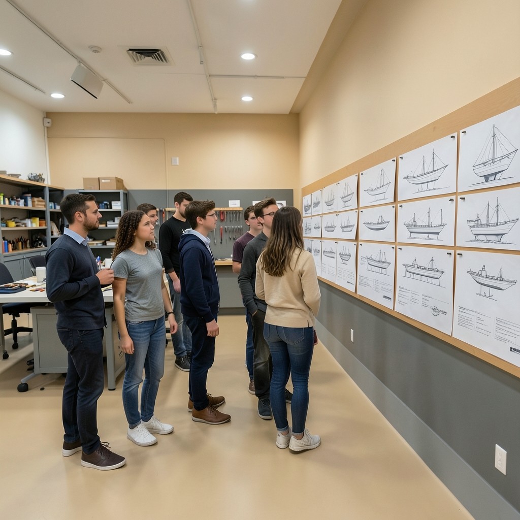 Prospective learners viewing hull drawings during a Ridgepath open day